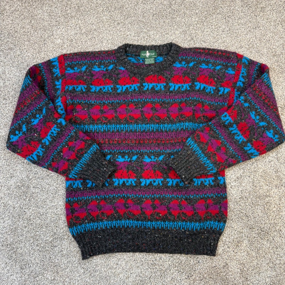 Vintage Hunt Club Wool Blend Fair Isle Sweater Mens Medium Grey Red Blue Retro